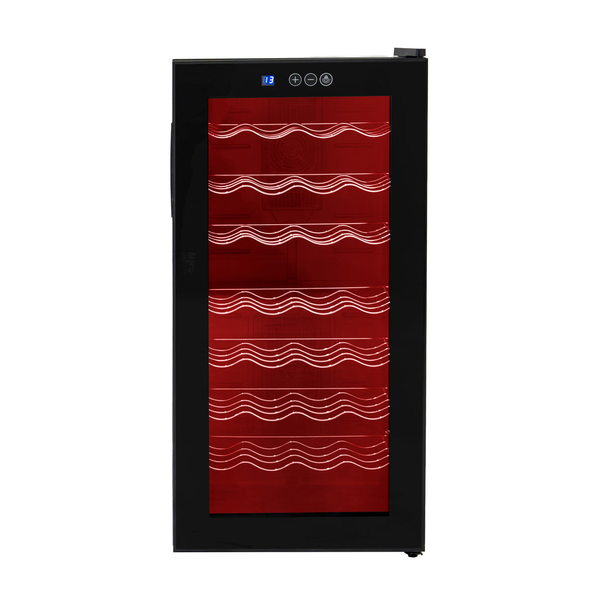 Cantinetta frigo per vino Oriva con finitura nera, luci LED multicolore e ripiani ondulati per una presentazione elegante delle bottiglie