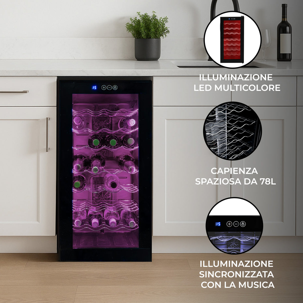 Cantinetta frigo per vino Oriva con luci LED multicolore, design elegante, capacità di 78 litri, ripiani in metallo e vetro trasparente