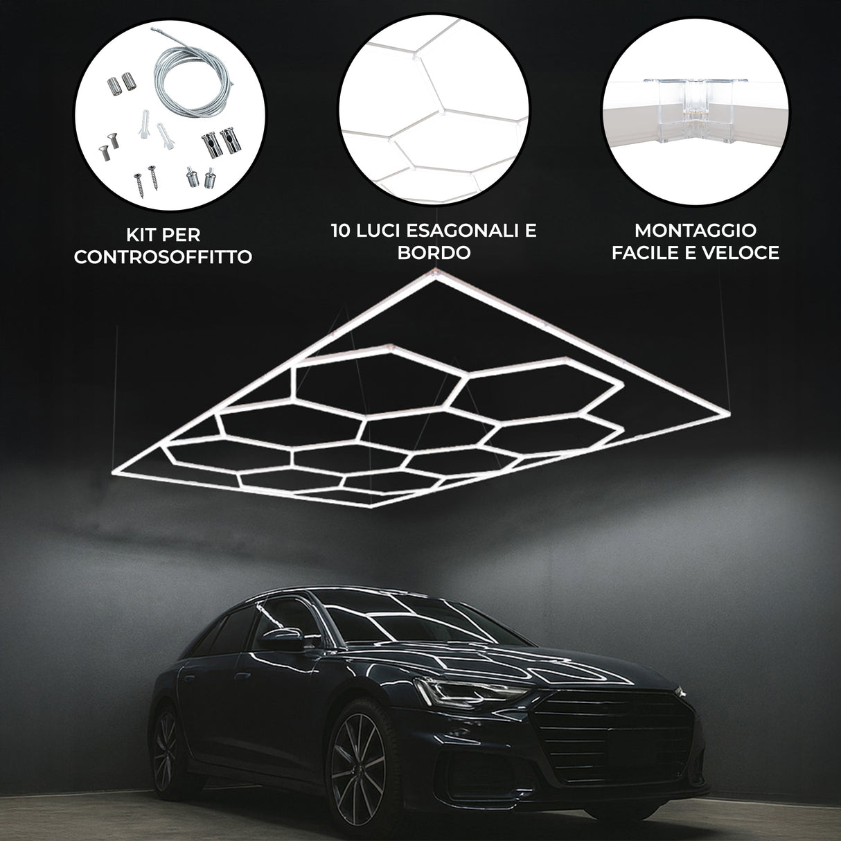 Sistema di Illuminazione LED Esagonale x10 con Cornice