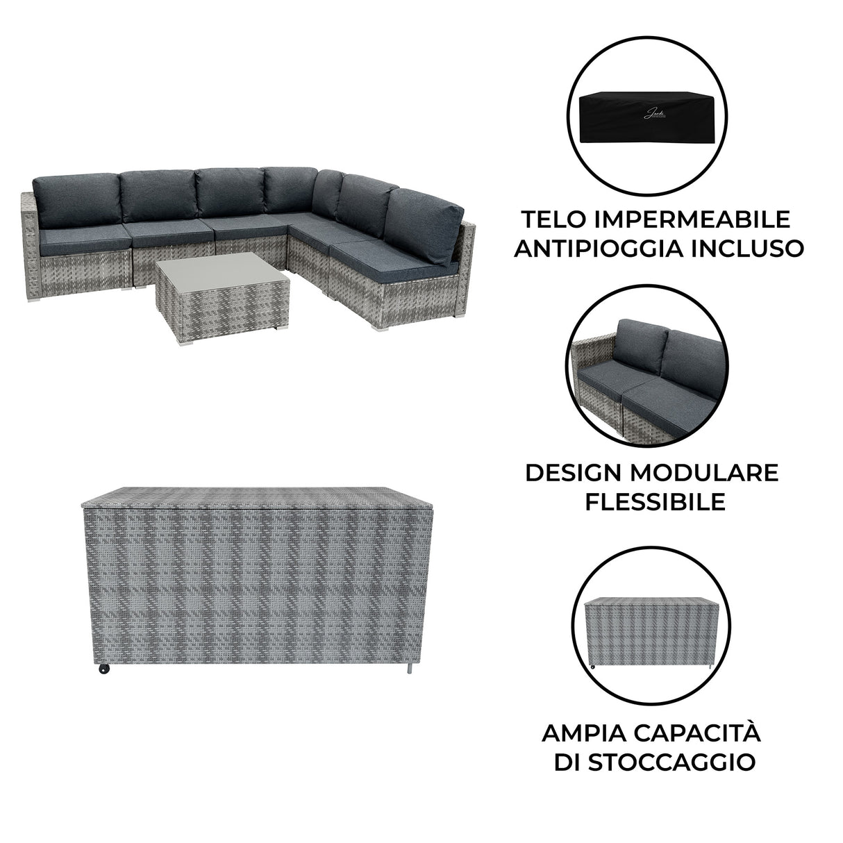 Set Divani Rattan 7 Pezzi con Tavolino & Baule 700L da Giardino - Grigio
