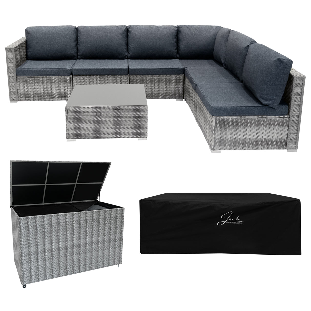 Set Divani Rattan 7 Pezzi con Tavolino & Baule 996L da Giardino - Grigio