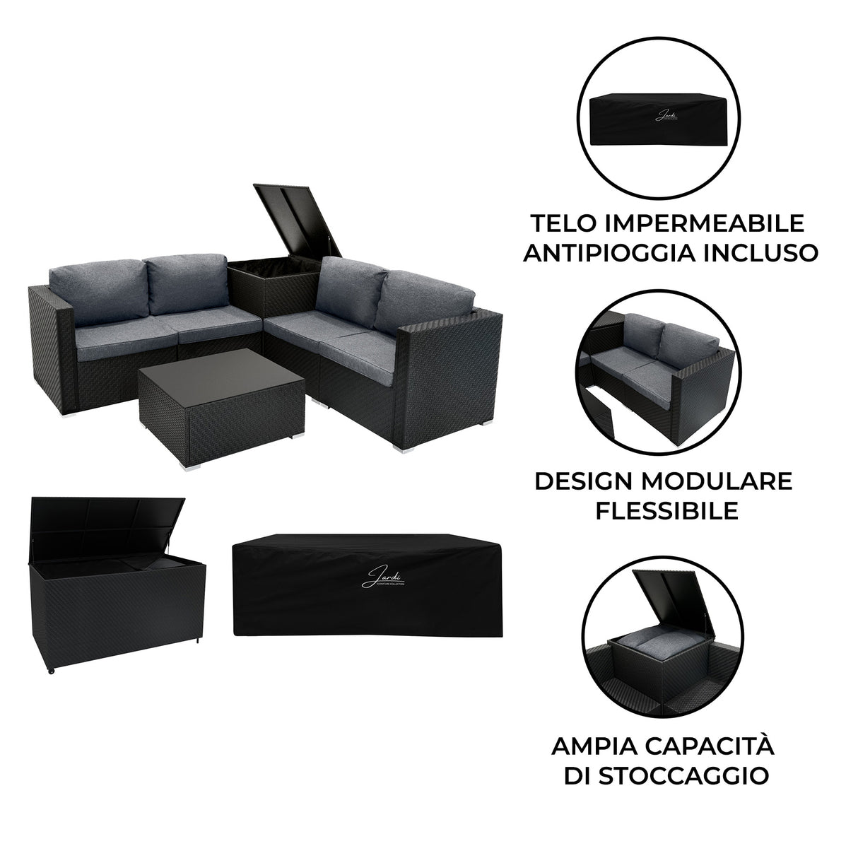 Set Rattan Nero 6 Pezzi con Tavolino e 2 Bauli Contenitori (250L + 996L)