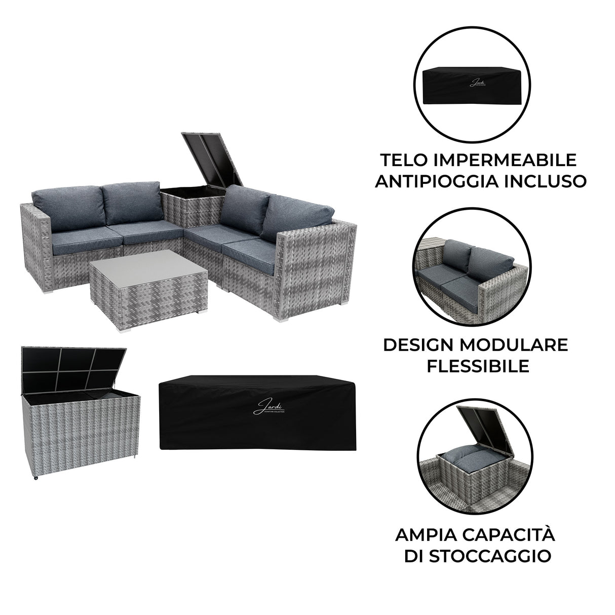 Set Rattan Grigio 6 Pezzi con Tavolino e 2 Bauli Contenitori (250L + 996L)