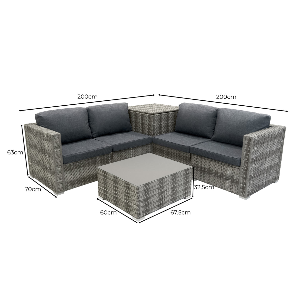 Set Rattan Grigio 6 Pezzi con Tavolino e 2 Bauli Contenitori (250L + 996L)