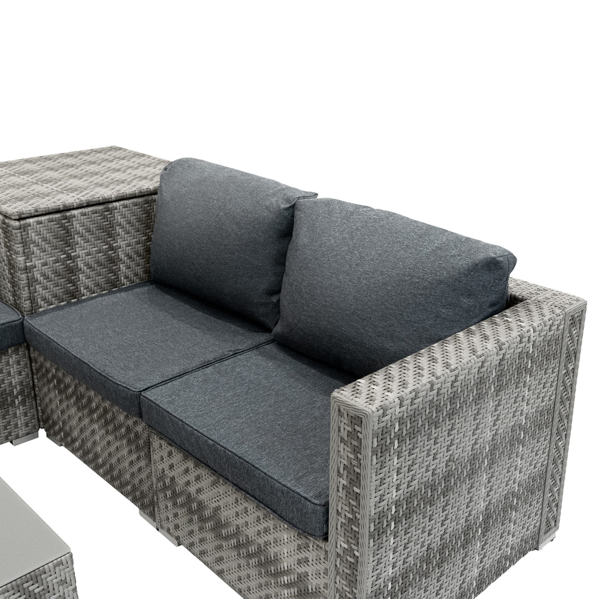 Set Rattan Grigio 6 Pezzi con Tavolino e 2 Bauli Contenitori (250L + 996L)