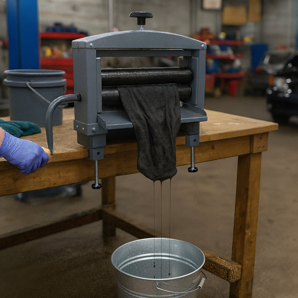 Strizzatore manuale per indumenti grigio, con un indumento nero che gocciola, posizionato su un tavolo di legno accanto a un secchio metallico