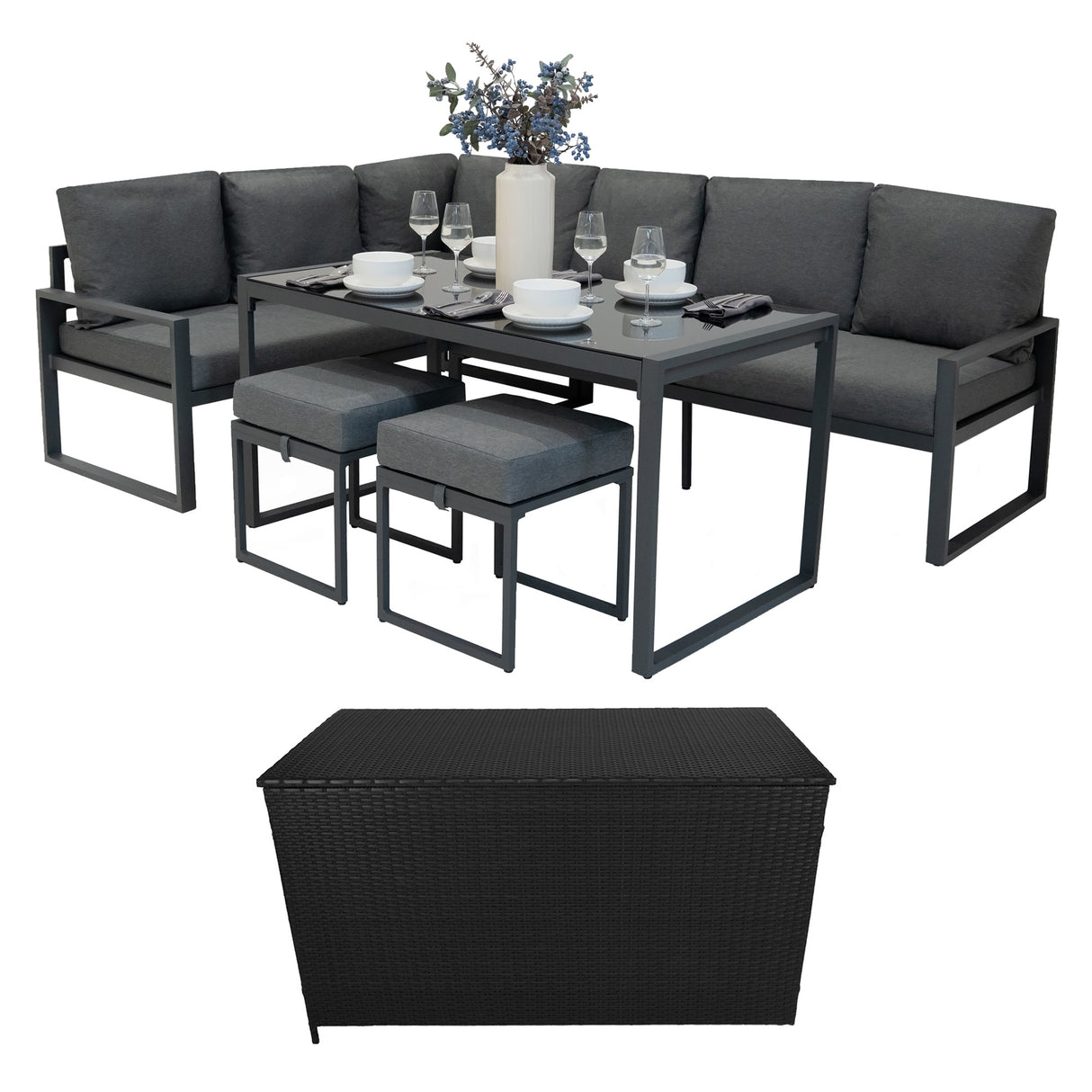 Set Divano Angolare in Alluminio con Cassapanca in Rattan Nero – Grigio Antracite