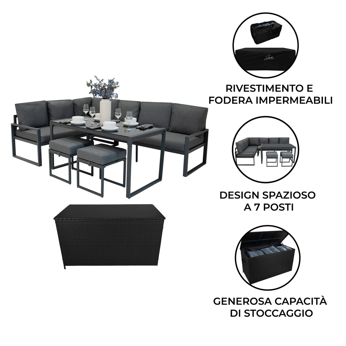 Set Divano Angolare in Alluminio con Cassapanca in Rattan Nero – Grigio Antracite
