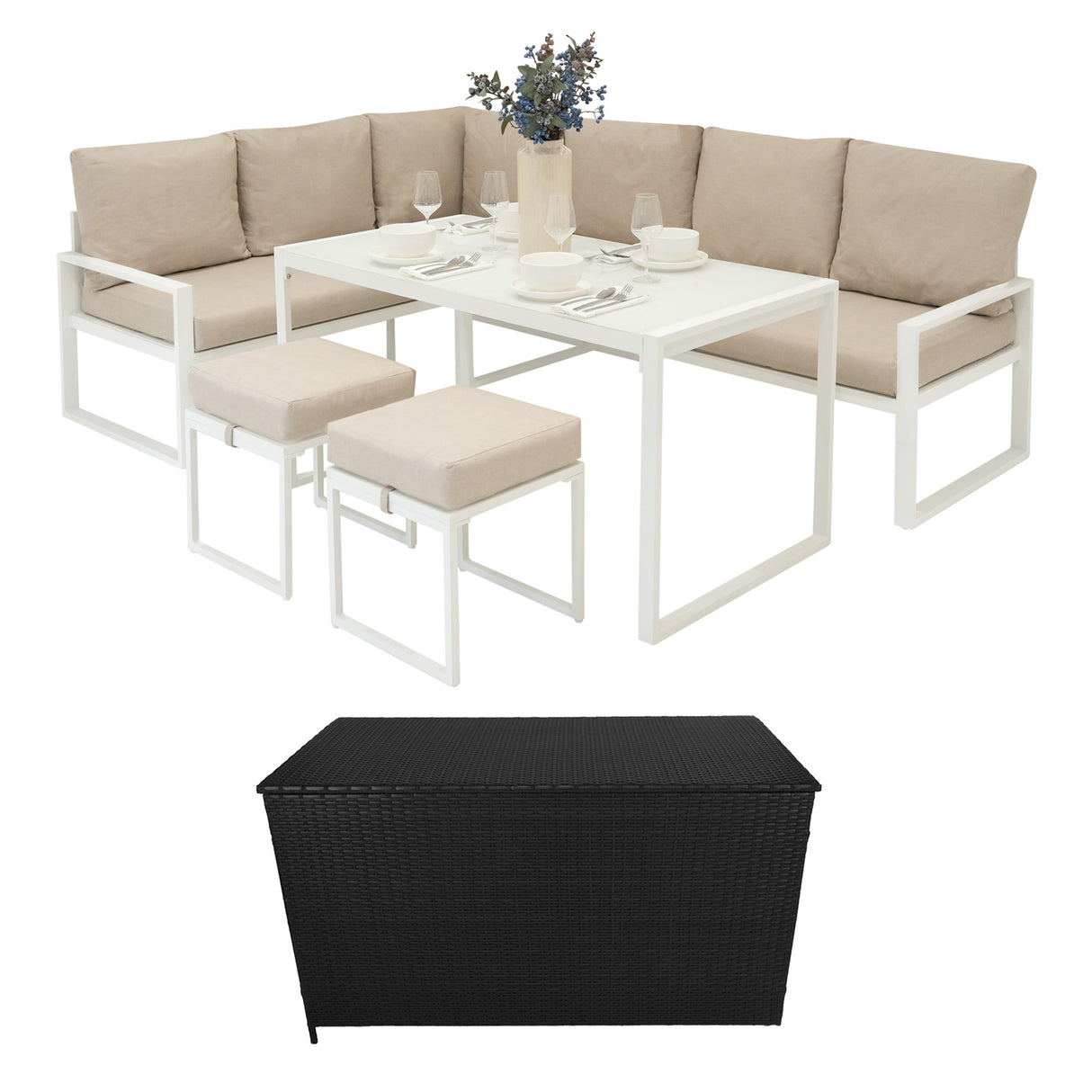Set Divano Angolare in Alluminio con Cassapanca in Rattan Nero – Bianco