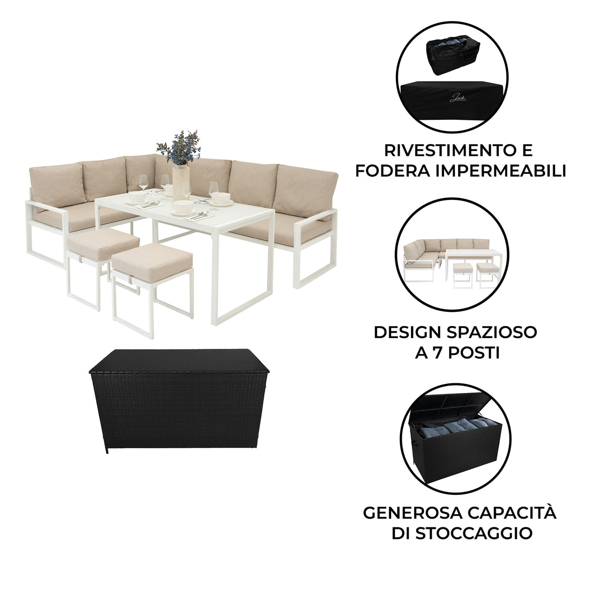 Set Divano Angolare in Alluminio con Cassapanca in Rattan Nero – Bianco