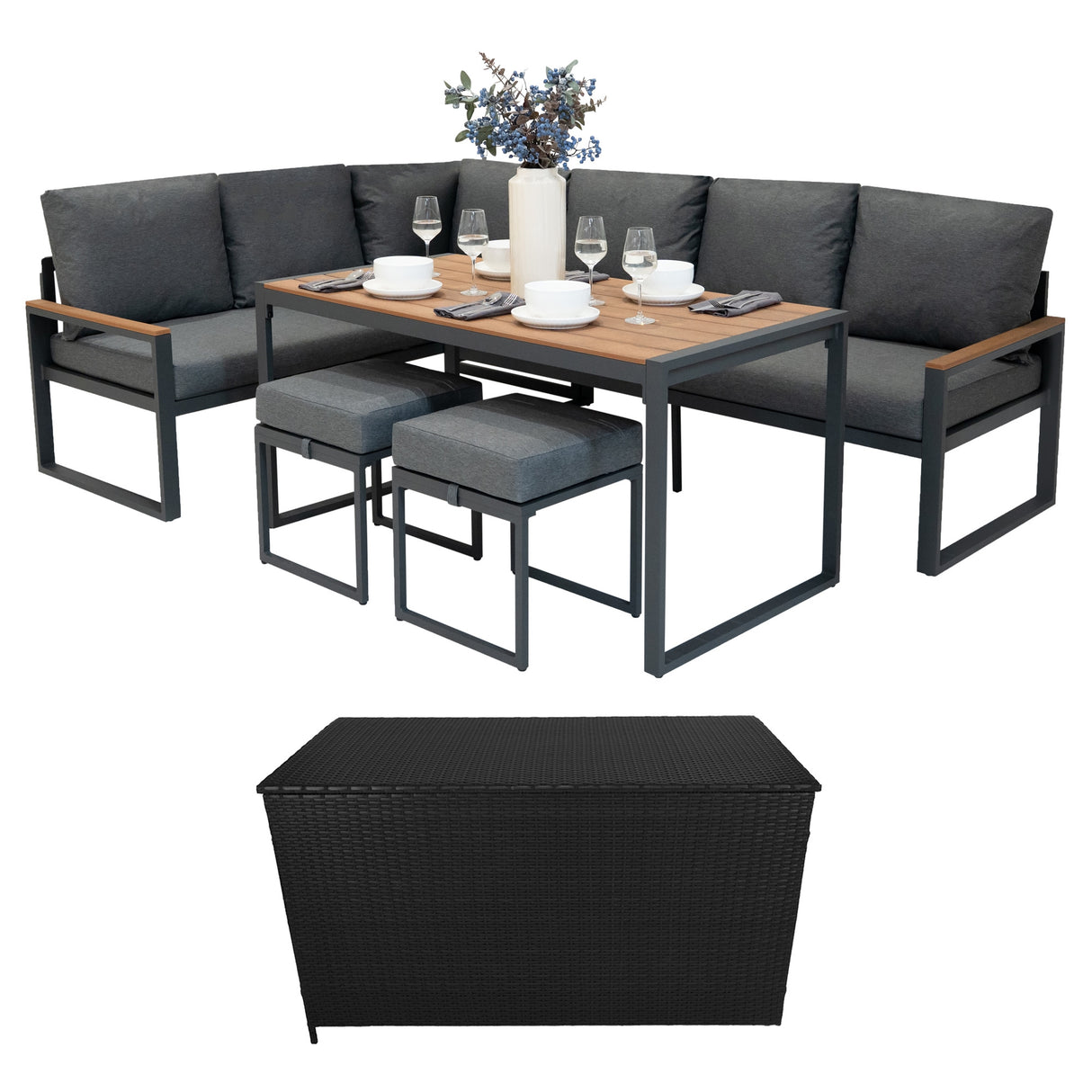 Set Divano Angolare in Alluminio con Cassapanca in Rattan Nero – Effetto Legno