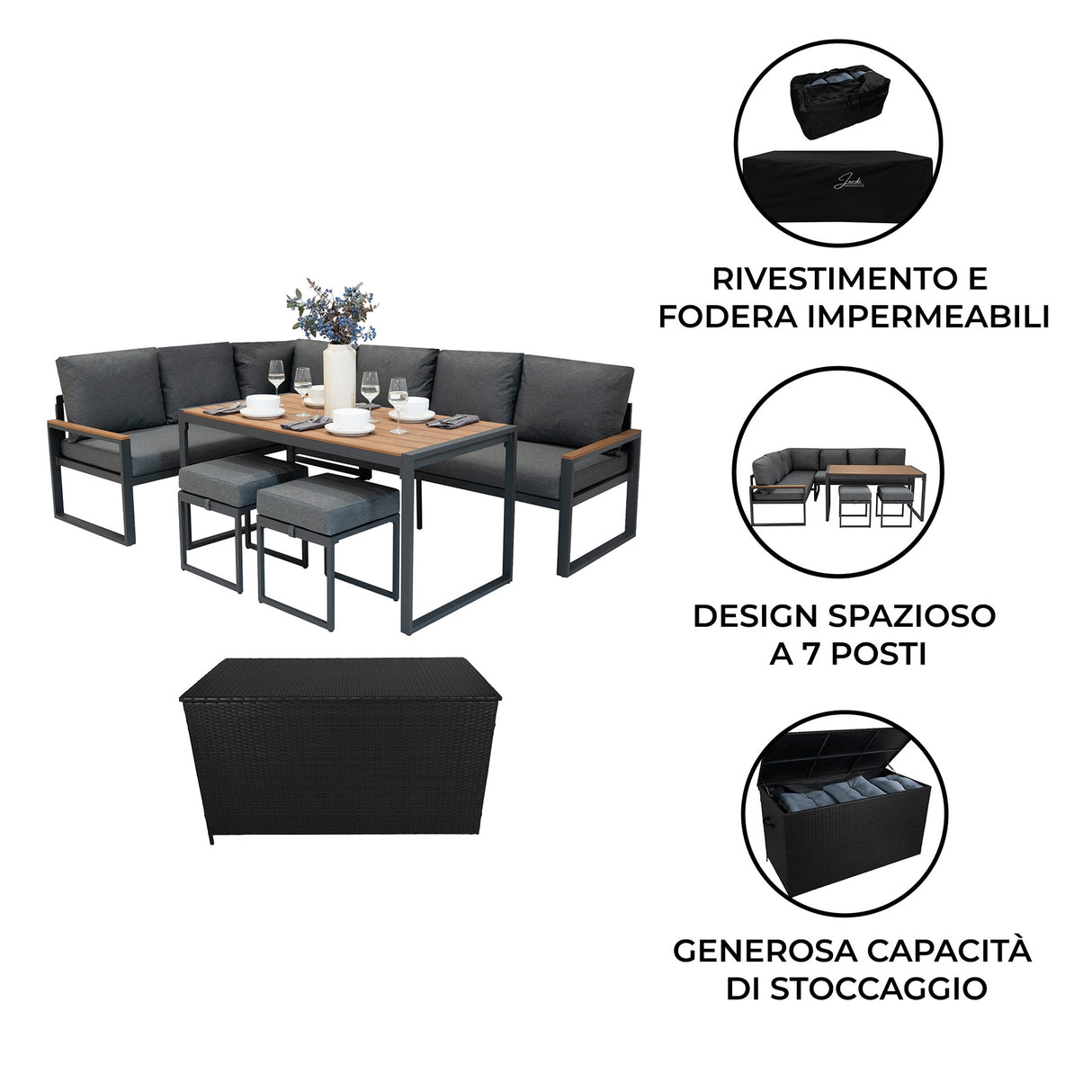 Set Divano Angolare in Alluminio con Cassapanca in Rattan Nero – Effetto Legno