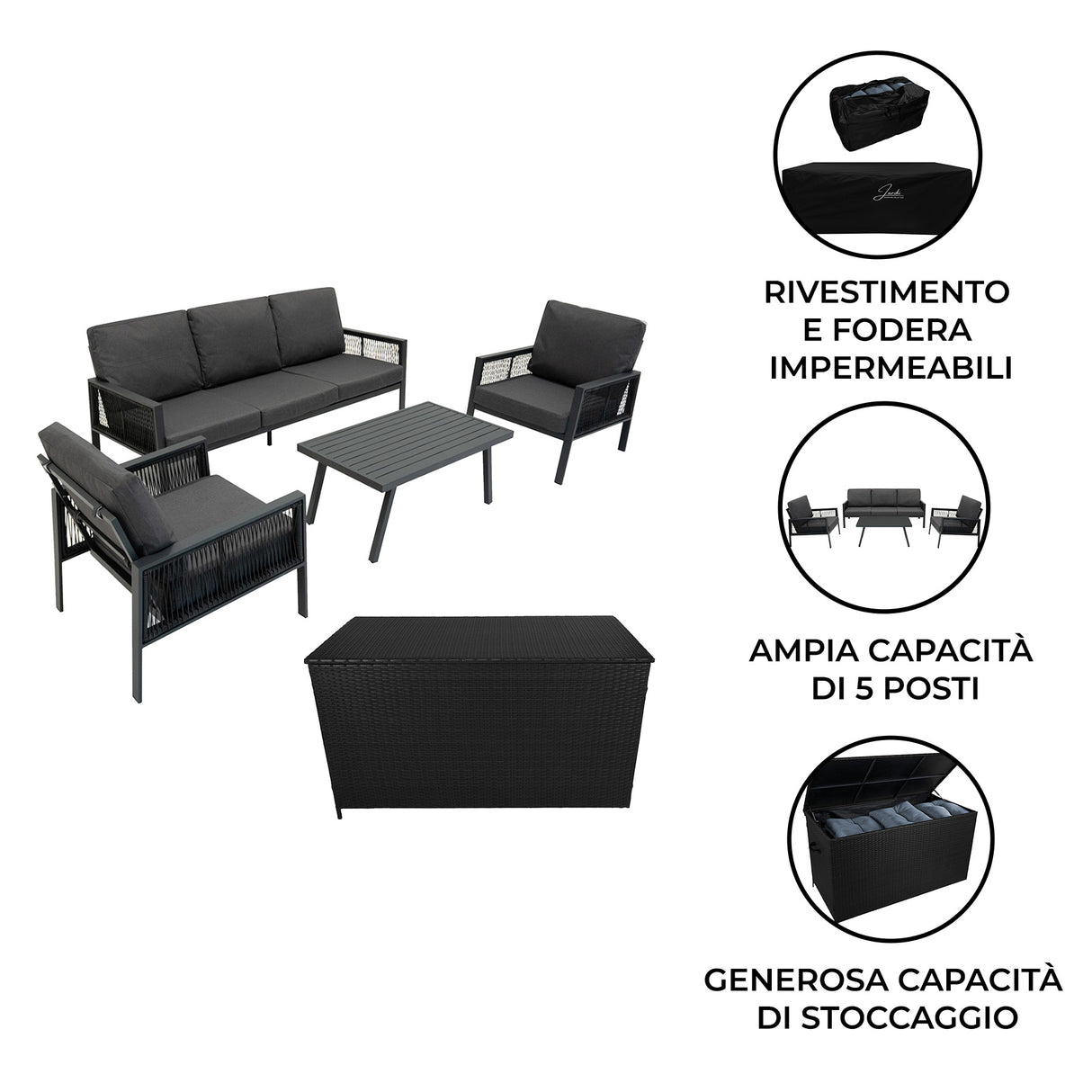Set da Giardino in Alluminio 4 Pezzi con Cassapanca in Rattan Nero – Grigio Antracite