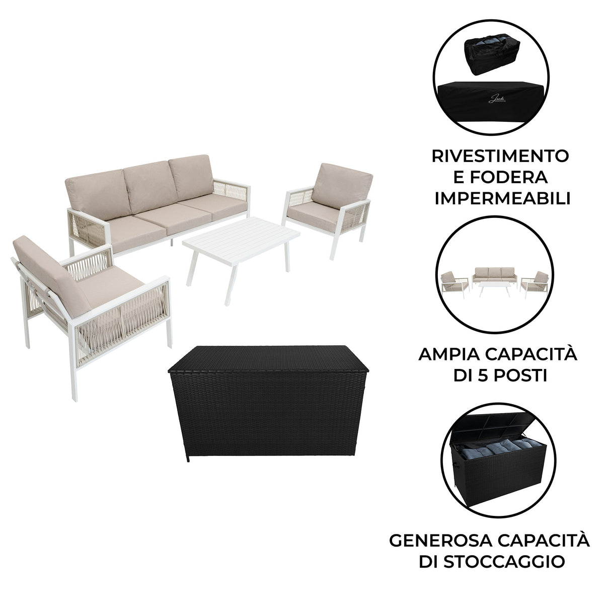 Set da Giardino in Alluminio 4 Pezzi con Cassapanca in Rattan Nero – Bianco