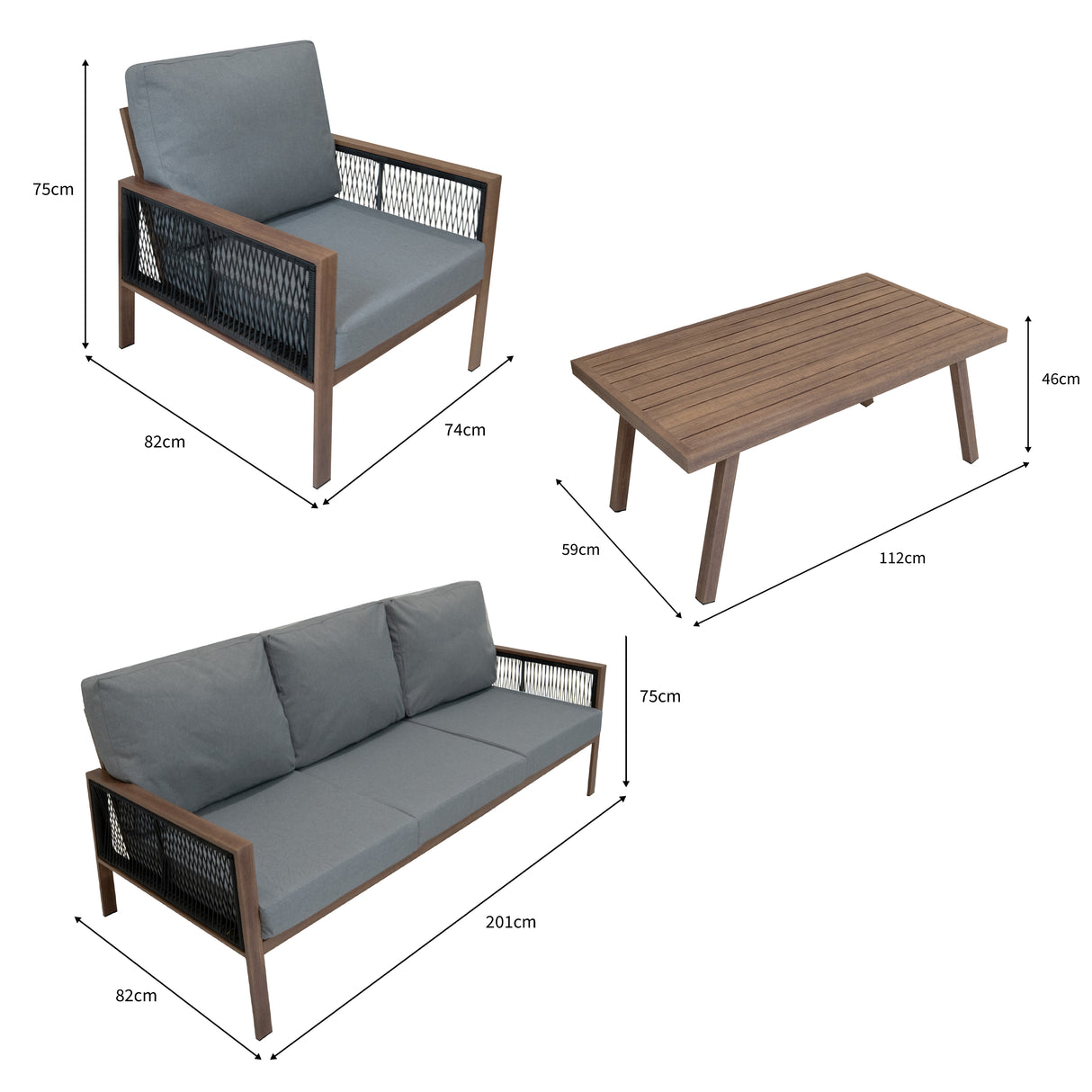 Set da Giardino in Alluminio 4 Pezzi con Cassapanca in Rattan Nero – Effetto Legno