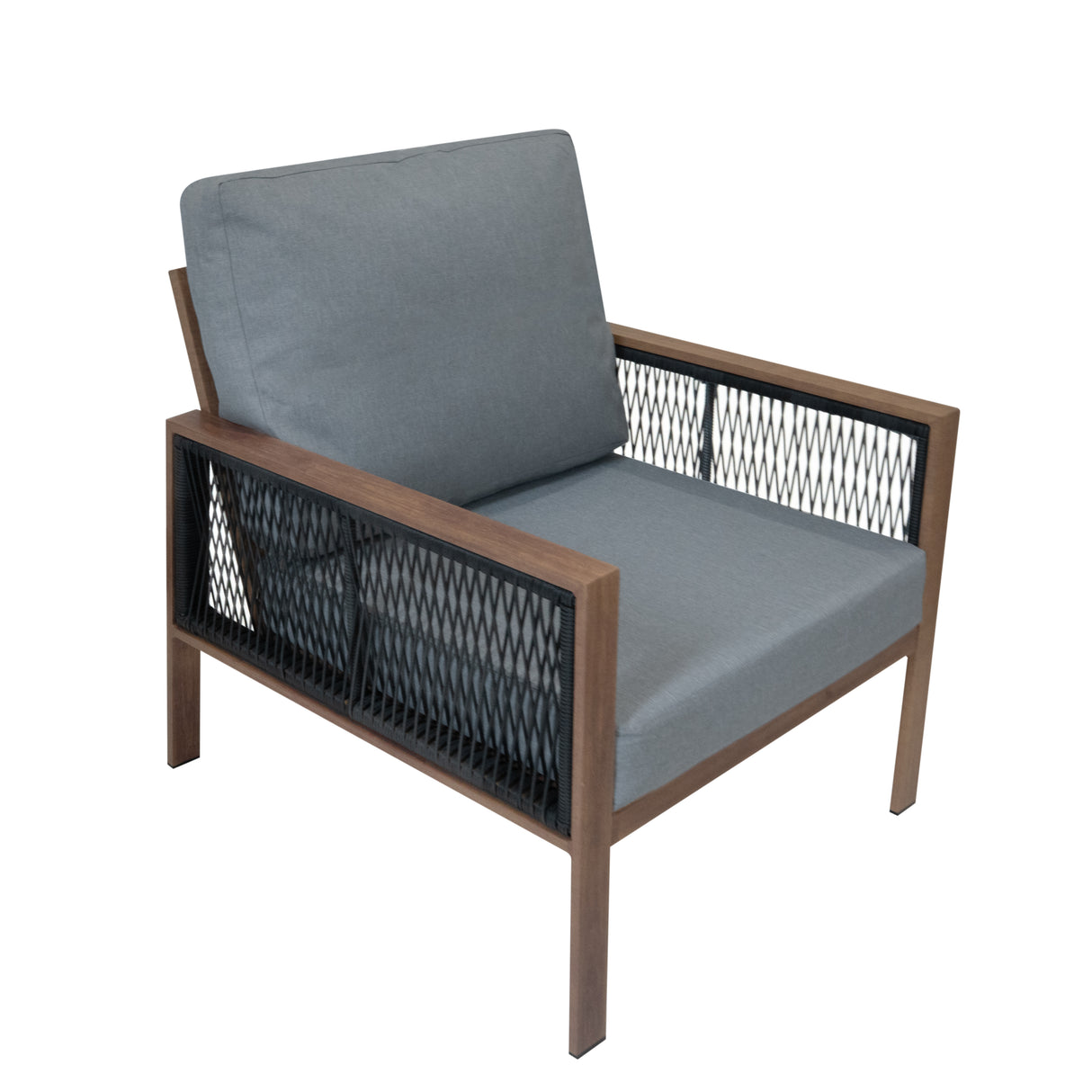 Set da Giardino in Alluminio 4 Pezzi con Cassapanca in Rattan Nero – Effetto Legno