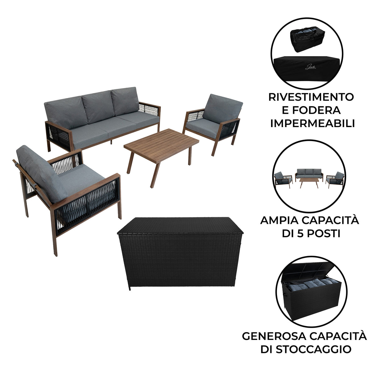 Set da Giardino in Alluminio 4 Pezzi con Cassapanca in Rattan Nero – Effetto Legno