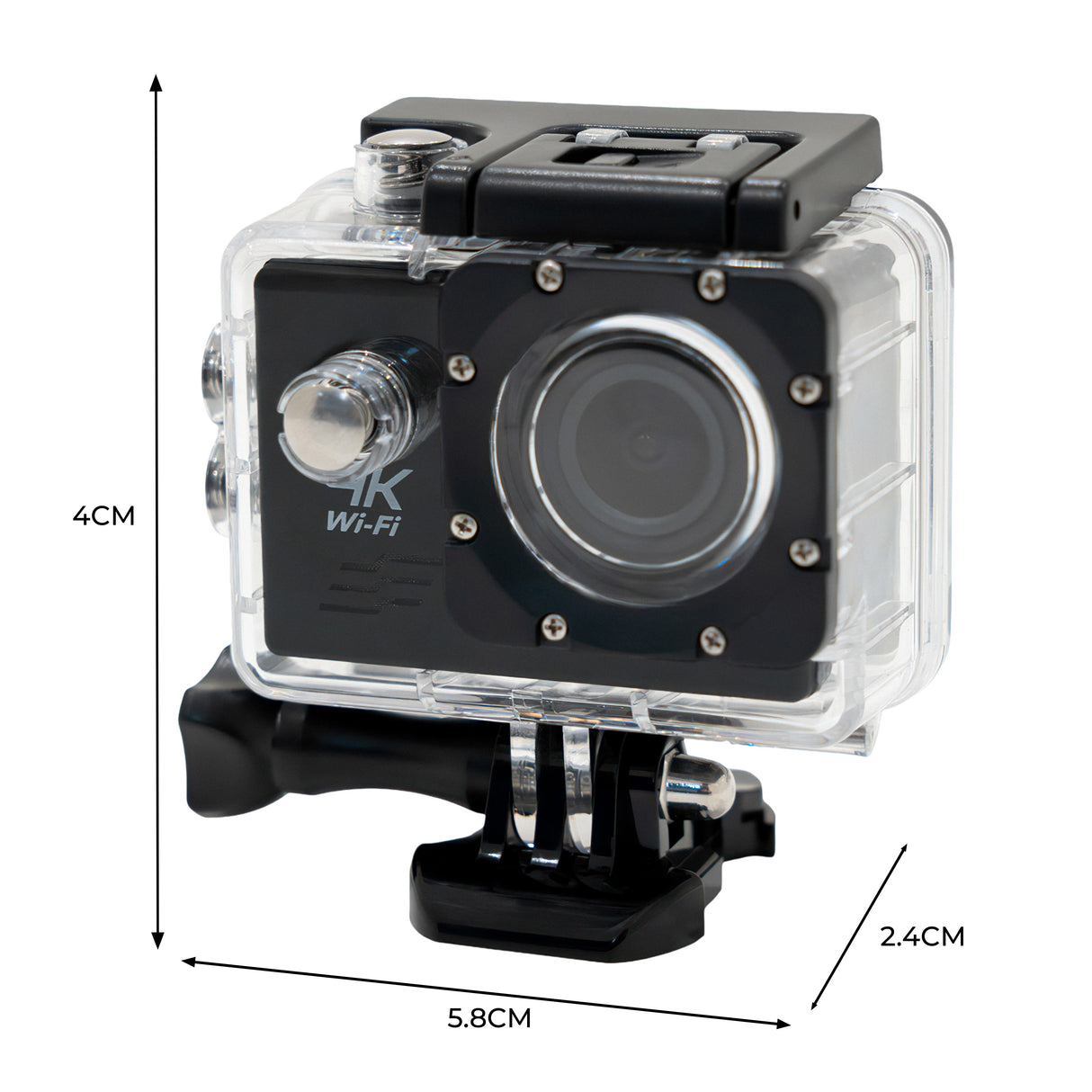 Telecamera per aspiratore grondaie 4K con custodia impermeabile, design compatto, colori nero e trasparente, dimensioni 5,8x4x2,4 cm