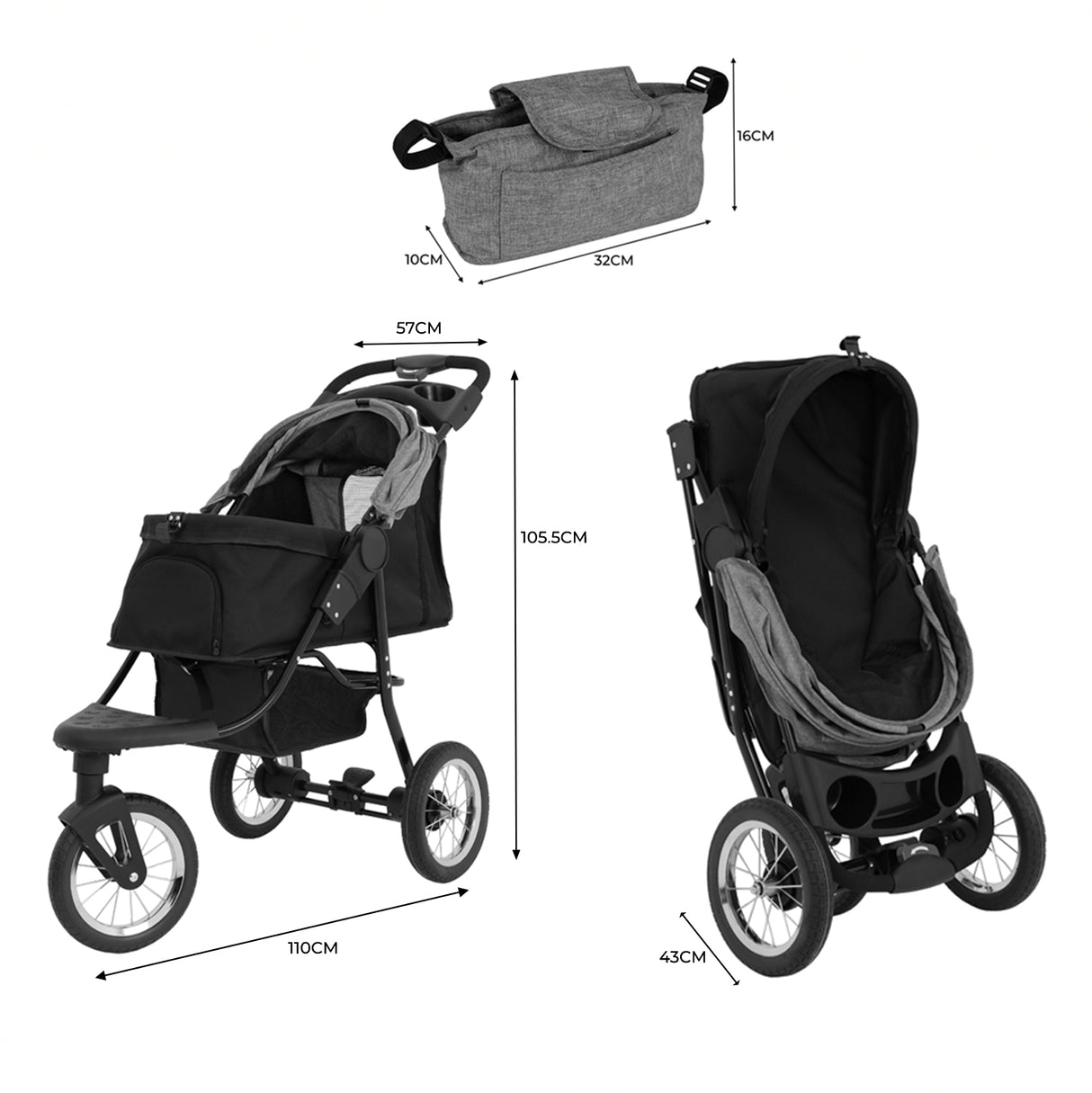 Passeggino Jogger per Animali Pieghevole - Grigio