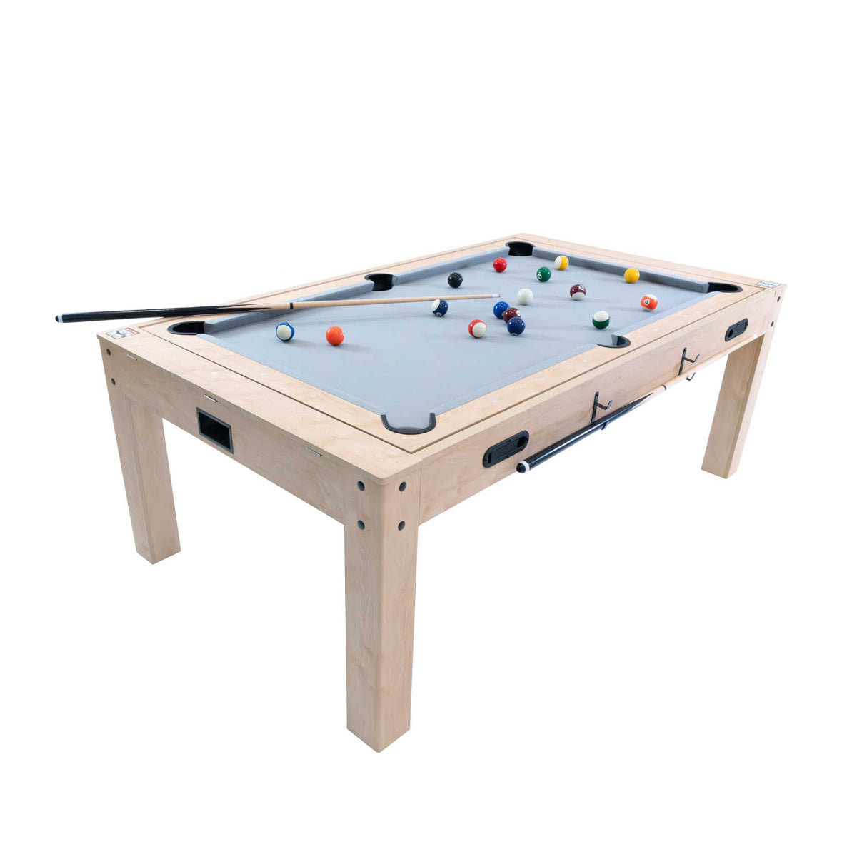 Tavolo multigioco 7-in-1 effetto legno beige, con superficie grigia, stecche e palline colorate per giochi da tavolo divertenti