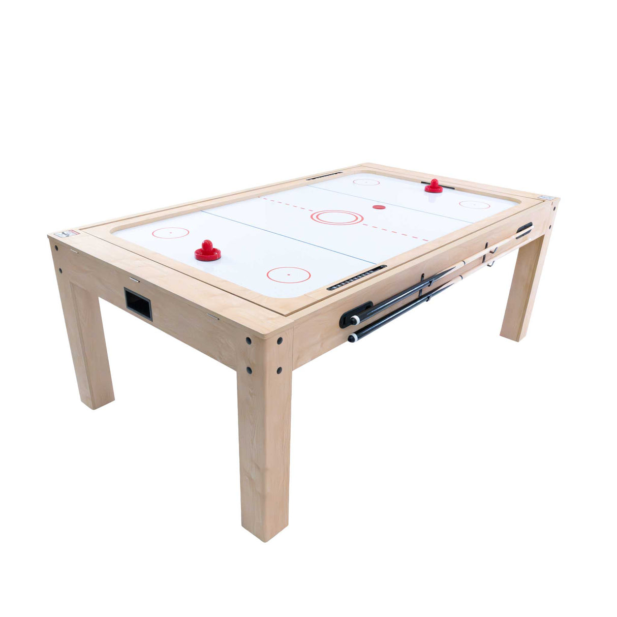Tavolo multigioco 7-in-1 beige in legno, con superficie liscia, linee pulite e panca contenitore integrata per giochi e divertimento