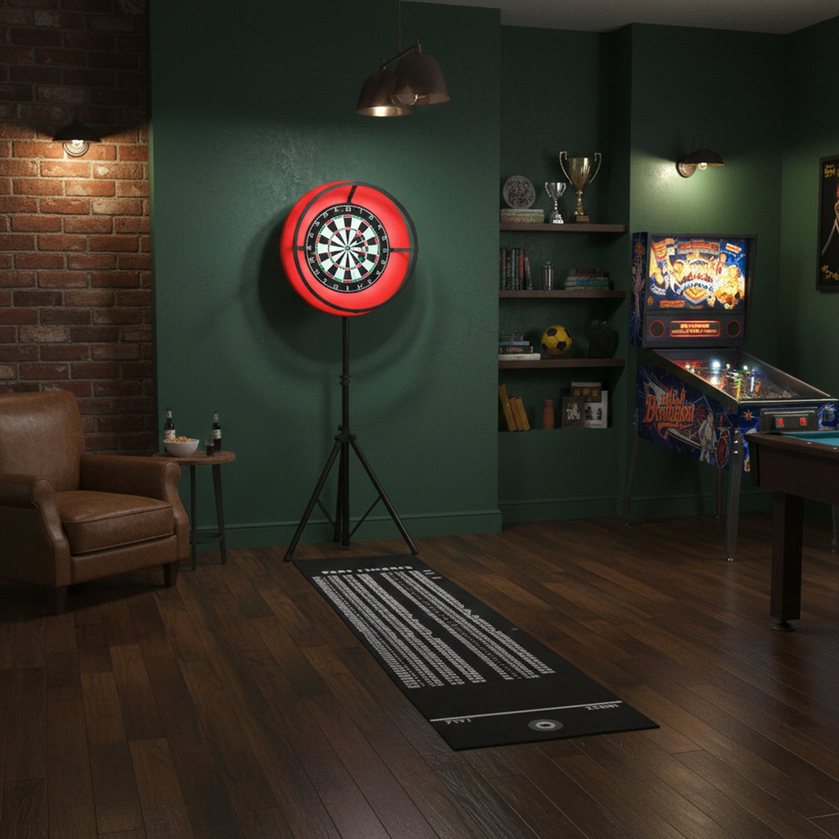 Anello LED rosso per bersaglio freccette, illuminazione a 360°, in un ambiente accogliente con pareti verdi e pavimento in legno scuro