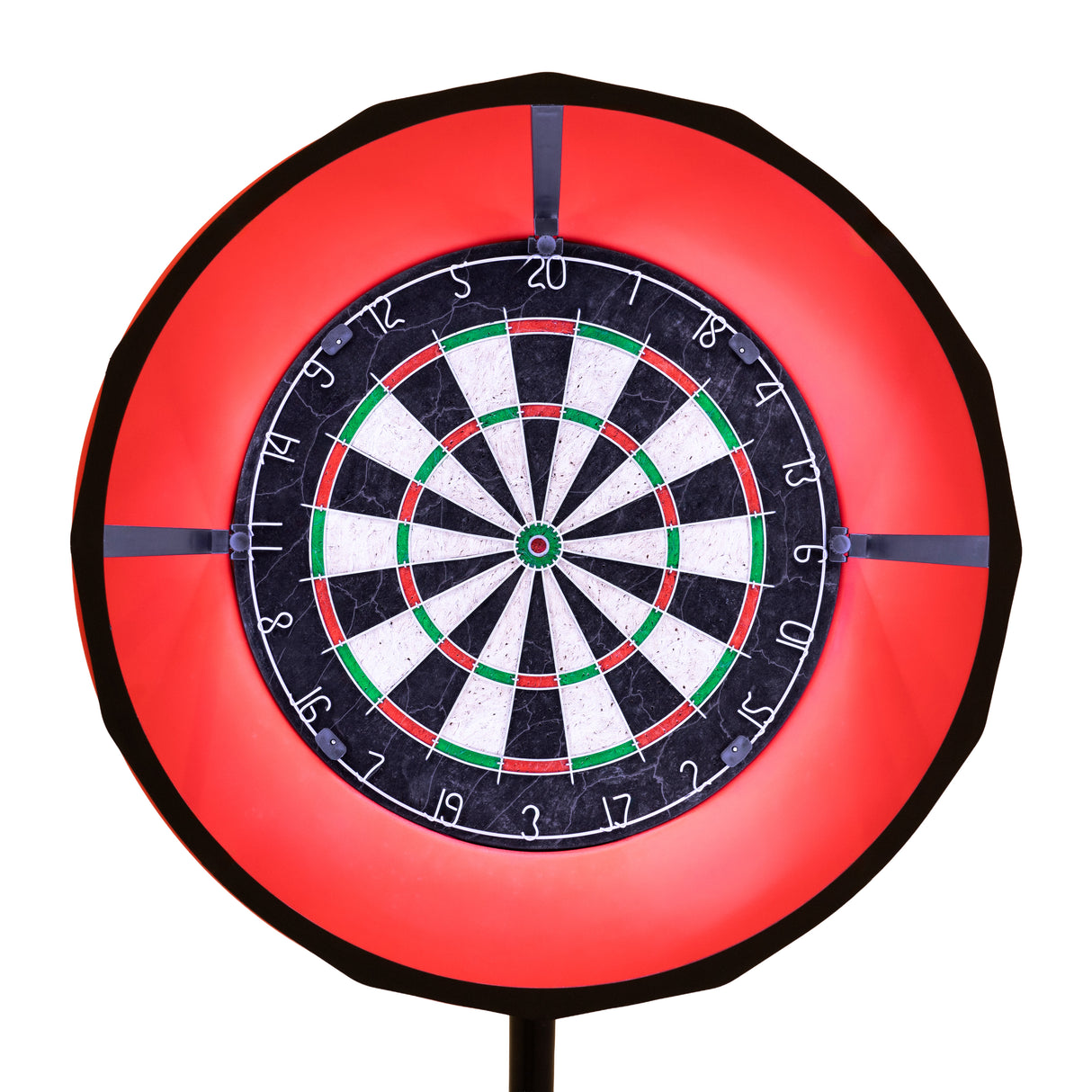Anello LED rosso per bersaglio freccette, illuminazione a 360°, design circolare con dettagli bianchi e verdi sul bersaglio