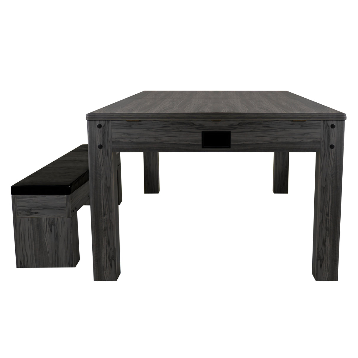 Tavolo multigioco 7-in-1 grigio con panca contenitore, legno effetto rovere, superficie liscia e angoli arrotondati, design moderno