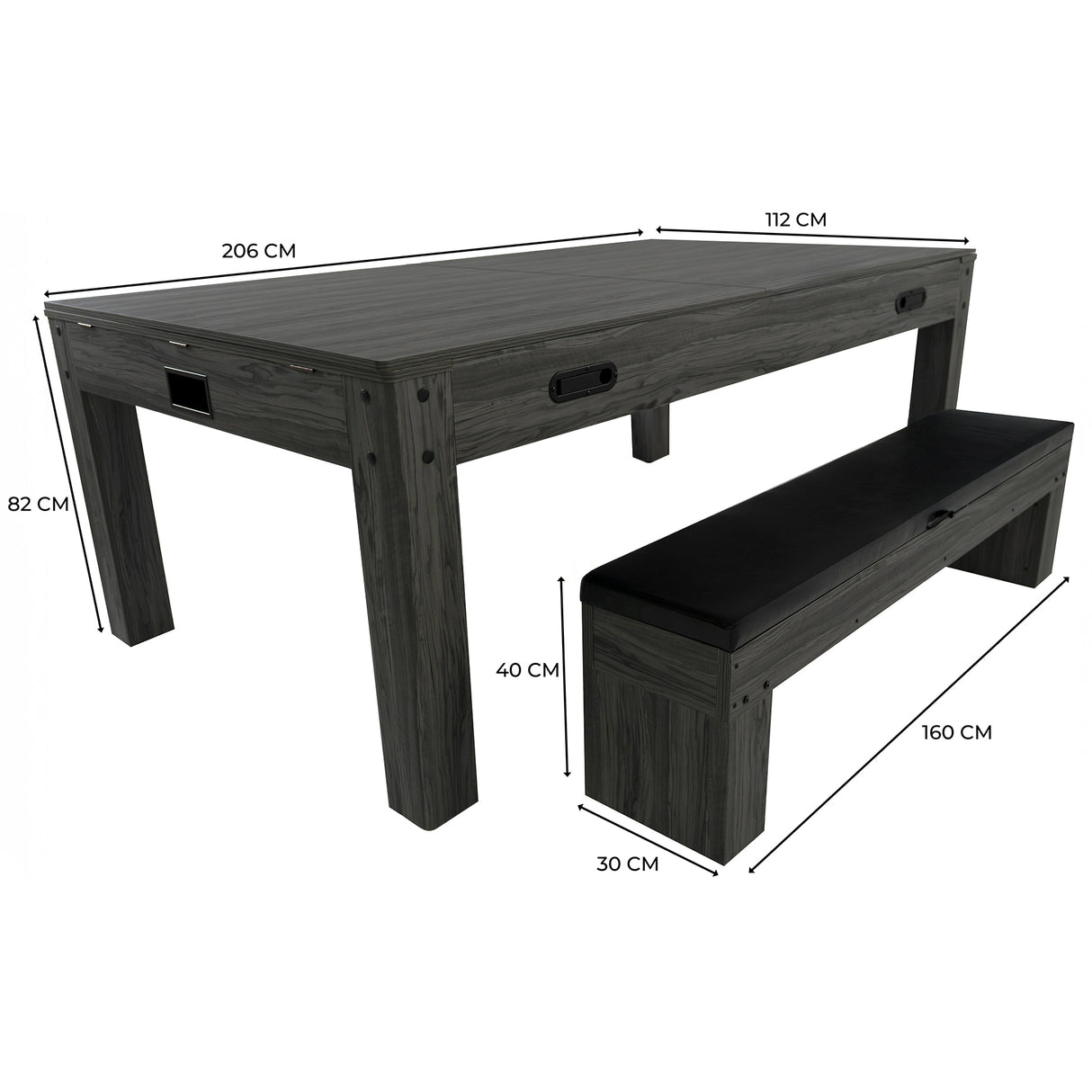 Tavolo multigioco 7-in-1 grigio con panca contenitore, dimensioni 213 cm, design moderno e superficie liscia in legno resistente