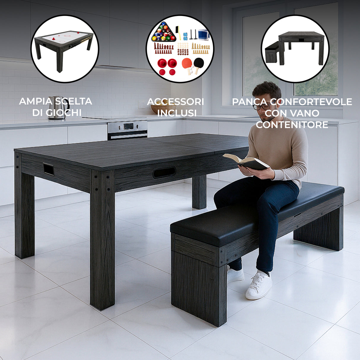 Tavolo multigioco grigio 7-in-1 con panca contenitore, superficie liscia e finitura elegante, ideale per giochi e attività familiari