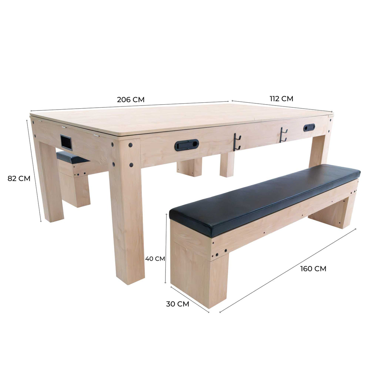 Tavolo giochi 7-in-1 beige con due panche contenitore, legno chiaro, superficie liscia, dimensioni generose per il divertimento familiare