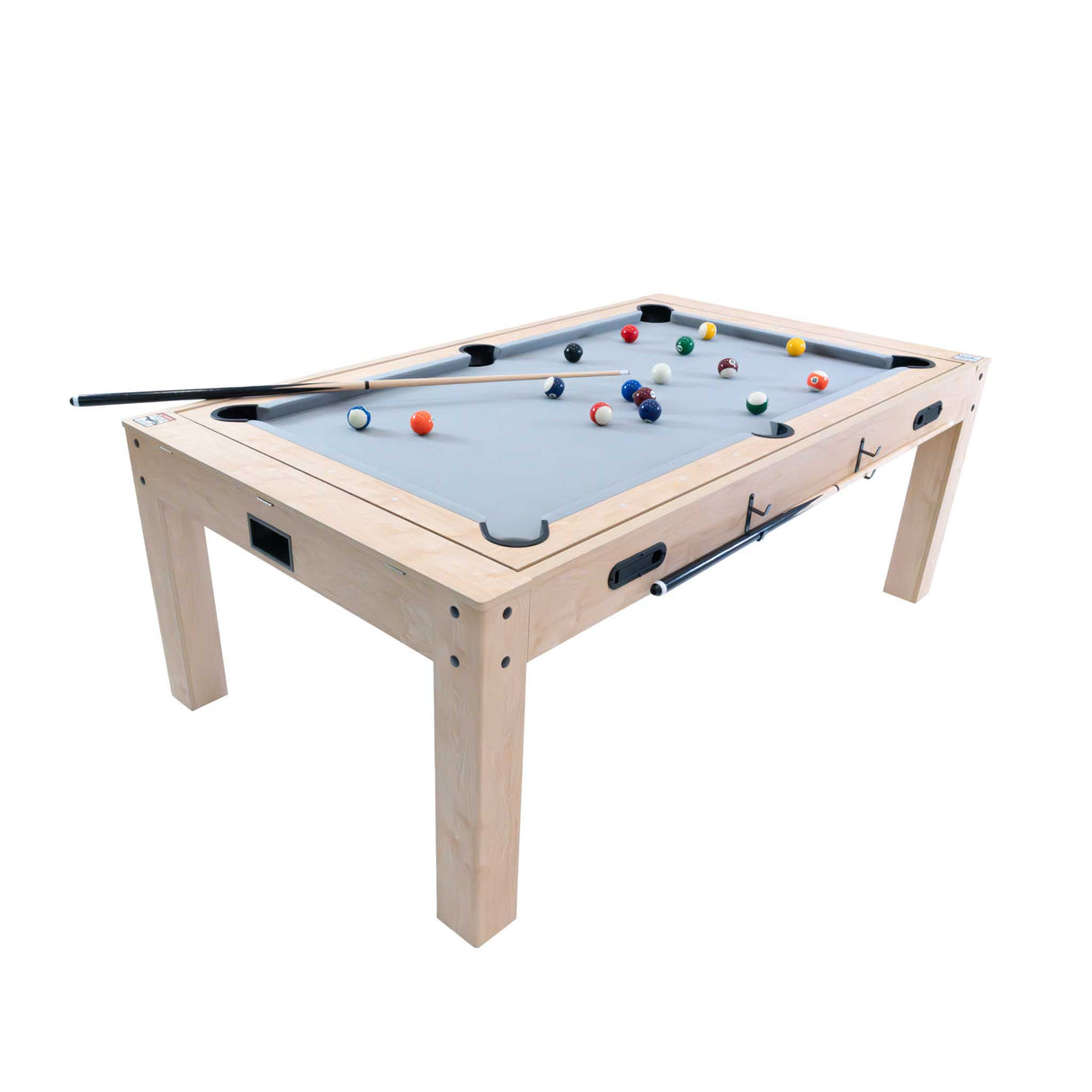 Tavolo giochi 7-in-1 beige in legno, con superficie grigia e palle colorate, ideale per divertimento in famiglia e amici