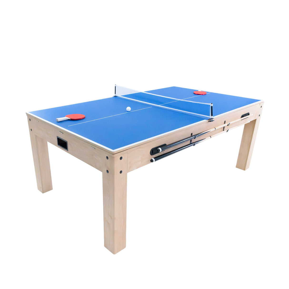 Tavolo giochi 7-in-1 beige con superficie blu, due panche contenitore laterali e accessori per diverse attività ludiche
