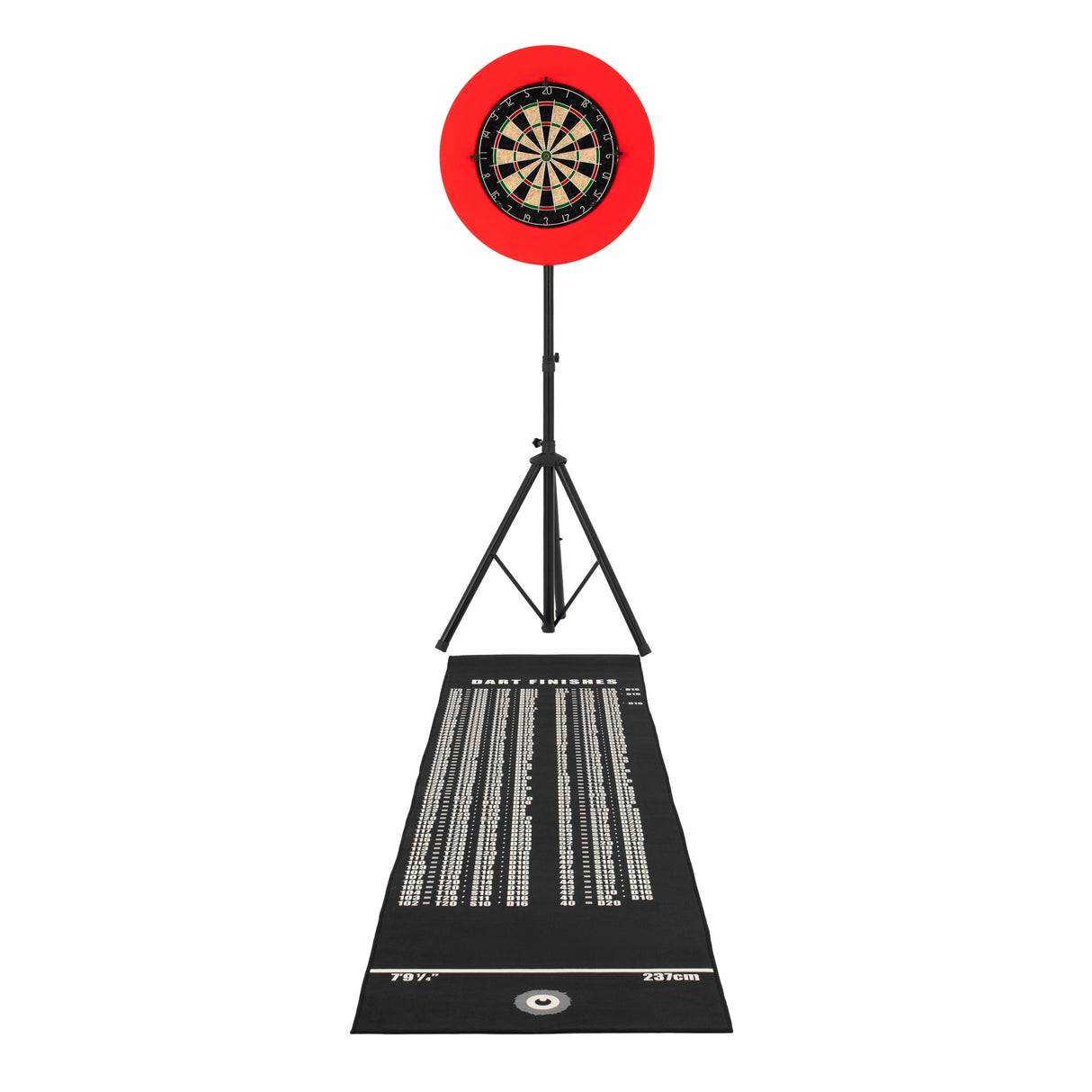 Set bersaglio per freccette professionale con supporto treppiede nero, bersaglio circolare rosso e tappeto di misurazione in tessuto nero