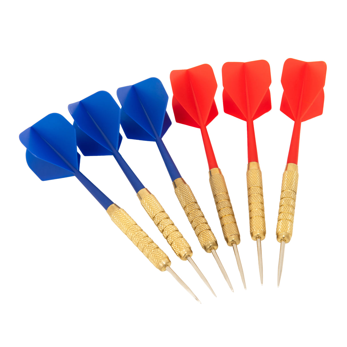 Set di freccette professionali con punte in metallo, manici dorati e alette blu e rosse, ideale per tornei e giochi ricreativi