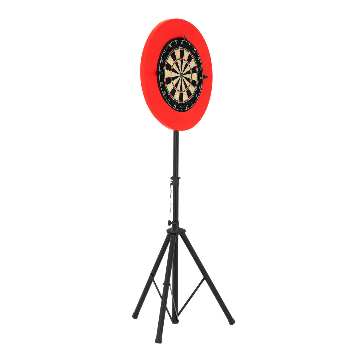 Bersaglio per freccette professionale con supporto treppiede nero e bordo rosso, ideale per giochi e competizioni di precisione