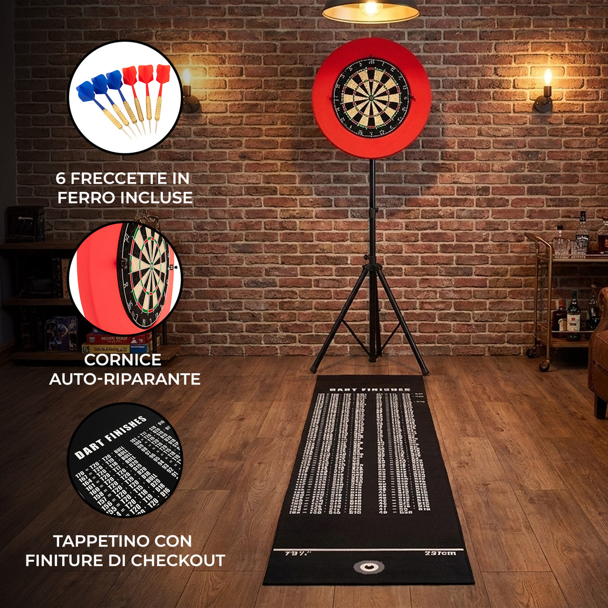 Set bersaglio per freccette con supporto treppiede, freccette in ferro, cornice auto-riparante e tappetino elegante in nero