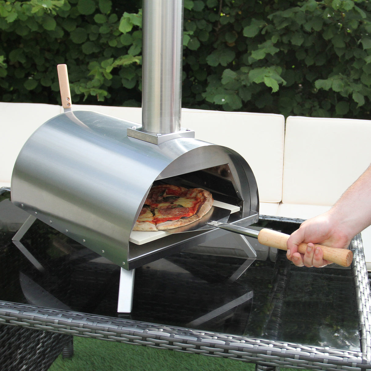 Set Divano Angolare da Giardino in Alluminio con Forno Pizza da Tavolo - Grigio Antracite