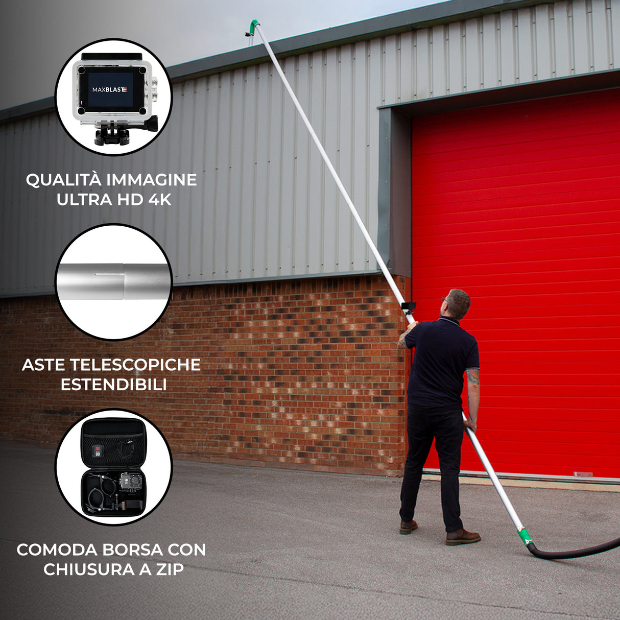Kit aste aspiratore grondaie con telecamera 4K, zoom 4x e accessori inclusi