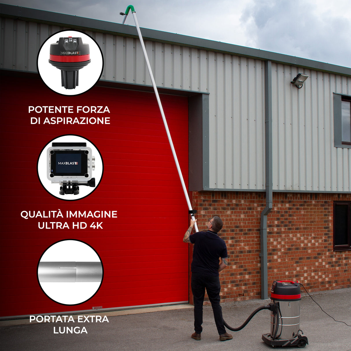 Aspiratore 80L umido/secco con aste grondaie da 7,2m e telecamera 4K inclusa