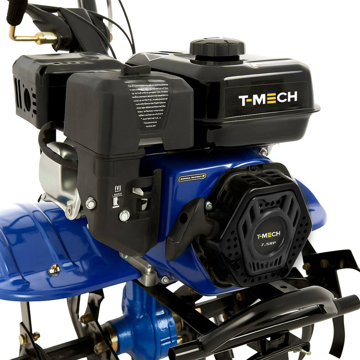 Motozappa a benzina professionale 7,5HP, motore 212cc, struttura robusta blu e nera, design ergonomico per lavorare il terreno con facilità