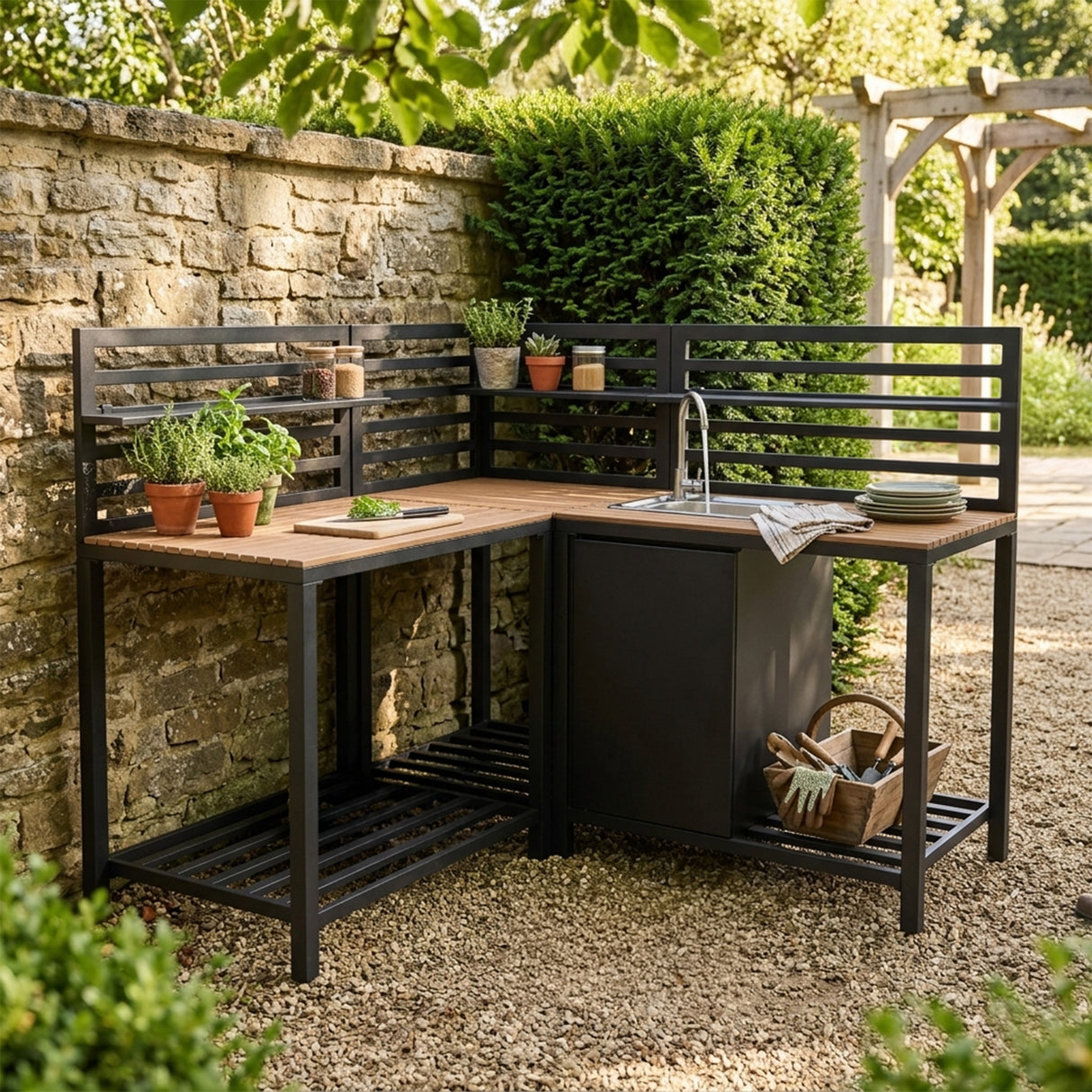 Set Cucina da Esterno 3 Pezzi in Alluminio e Legno con Lavello Modulare