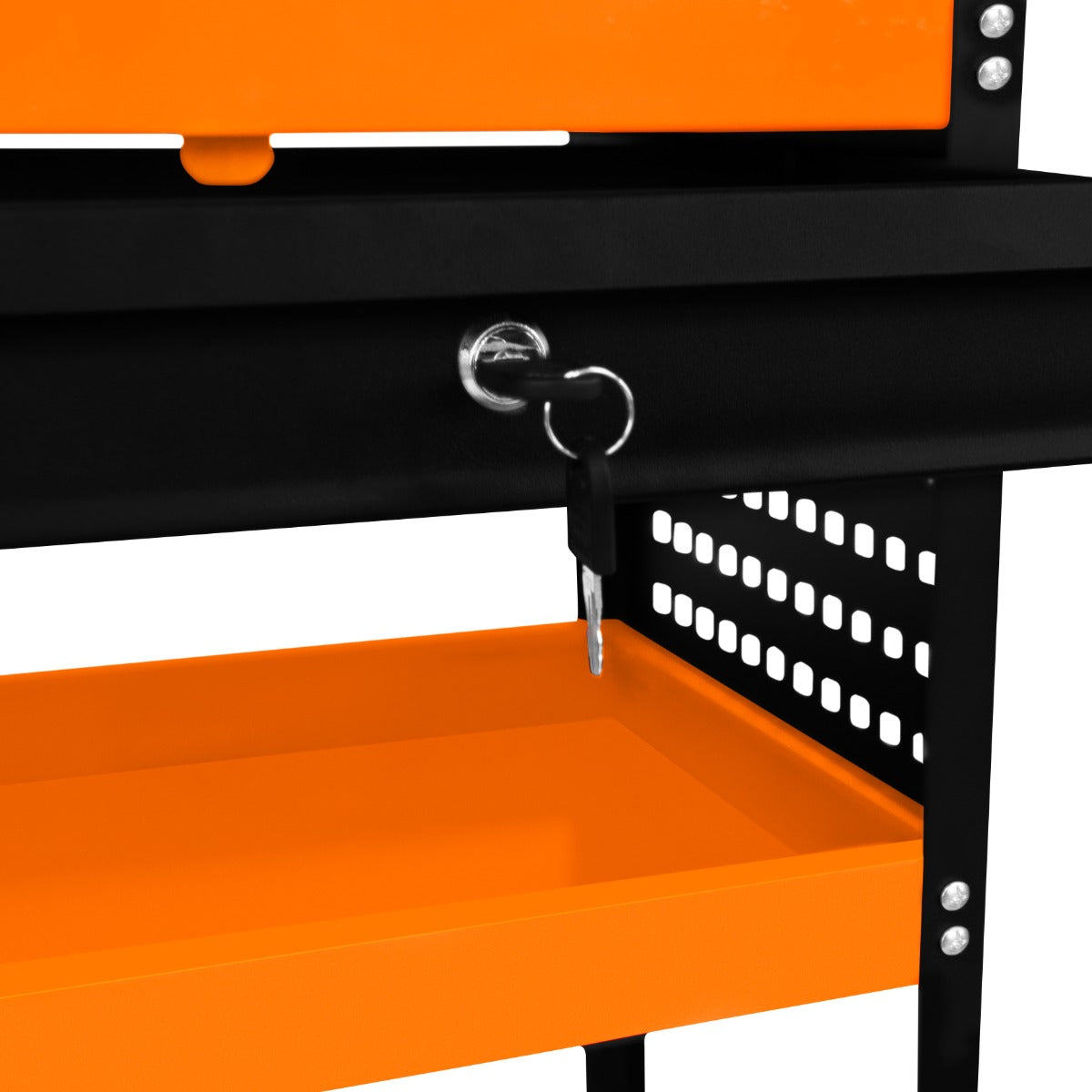 Carrello portautensili T-Mech con struttura nera e ripiani arancioni, dotato di chiave per sicurezza e dettagli robusti