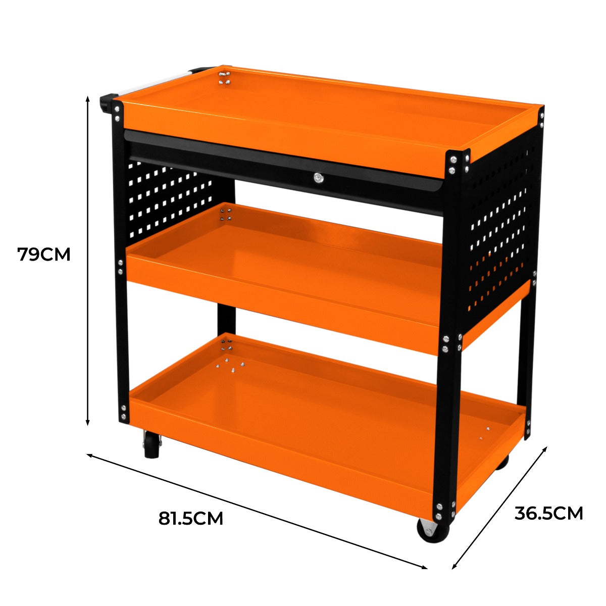 Carrello portautensili T-Mech con struttura nera e ripiani arancioni, dimensioni 79x81,5x36,5 cm, dotato di ruote per facilità di movimento