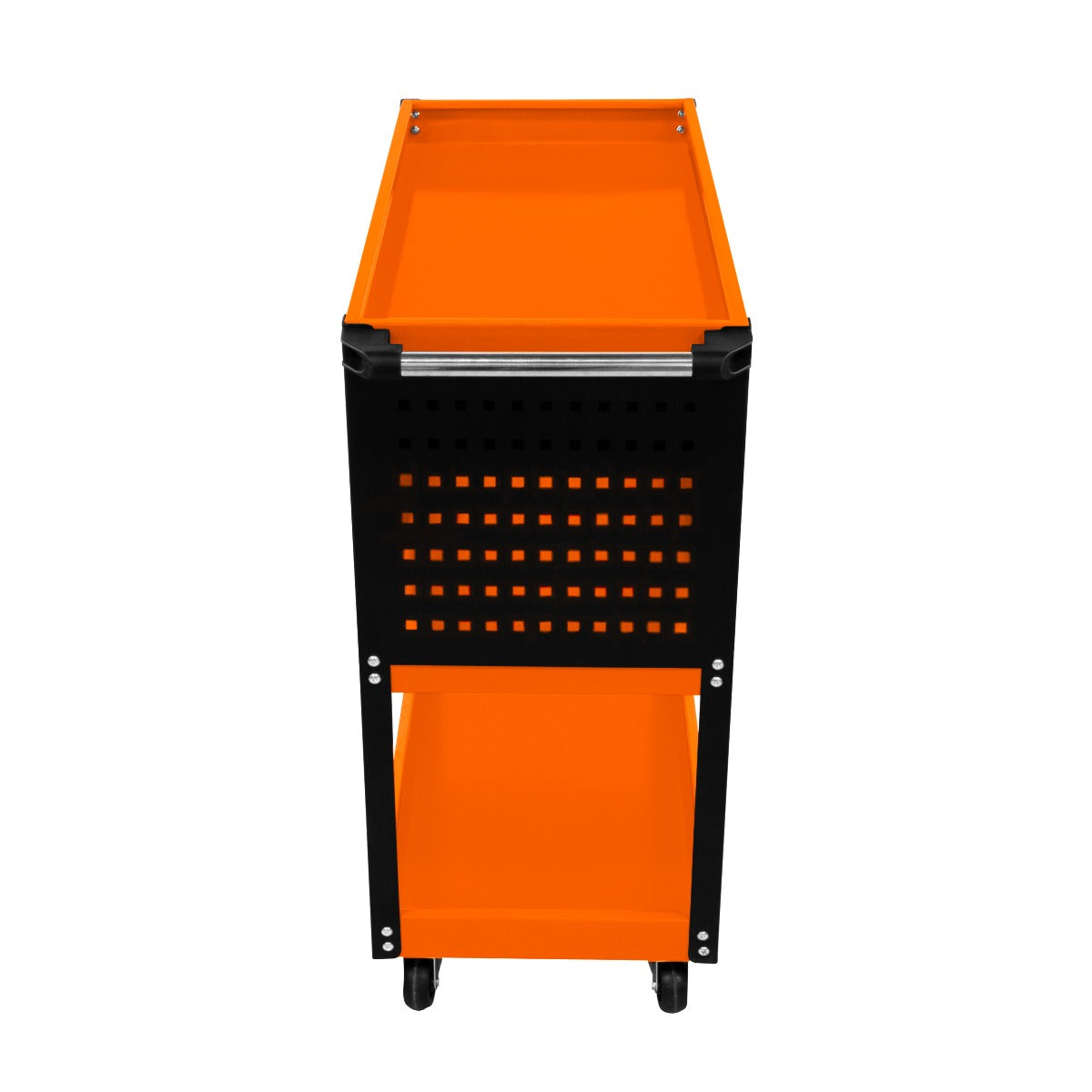 Carrello portautensili T-Mech con struttura nera, ripiano superiore arancione e design pratico per organizzare attrezzi e materiali