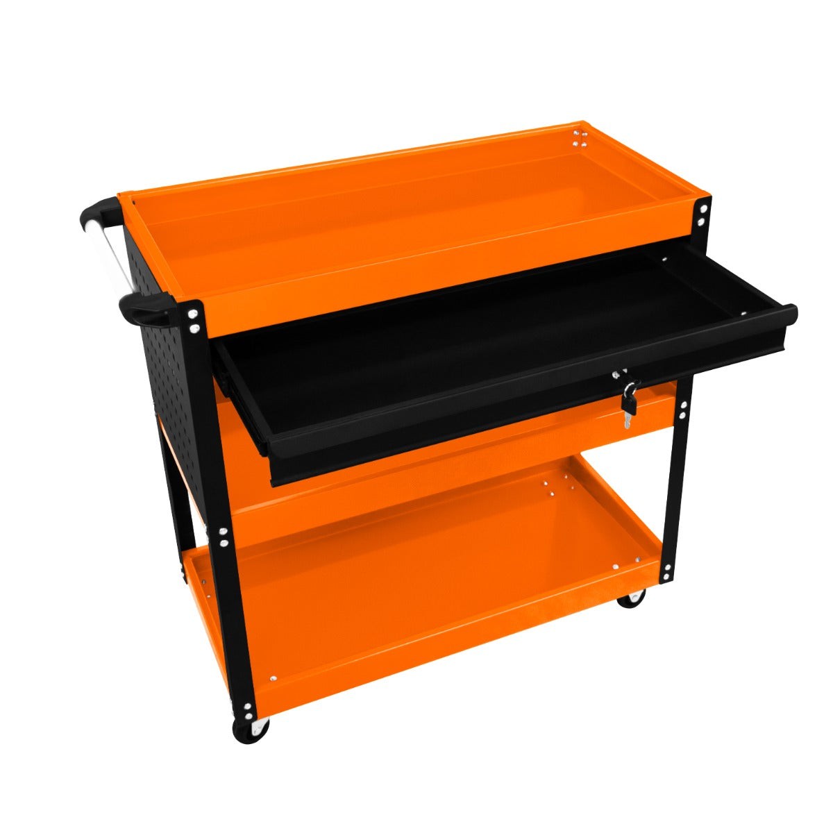 Carrello portautensili T-Mech in metallo, con finitura arancione brillante, due ripiani e un cassetto nero, ruote per facilità di movimento