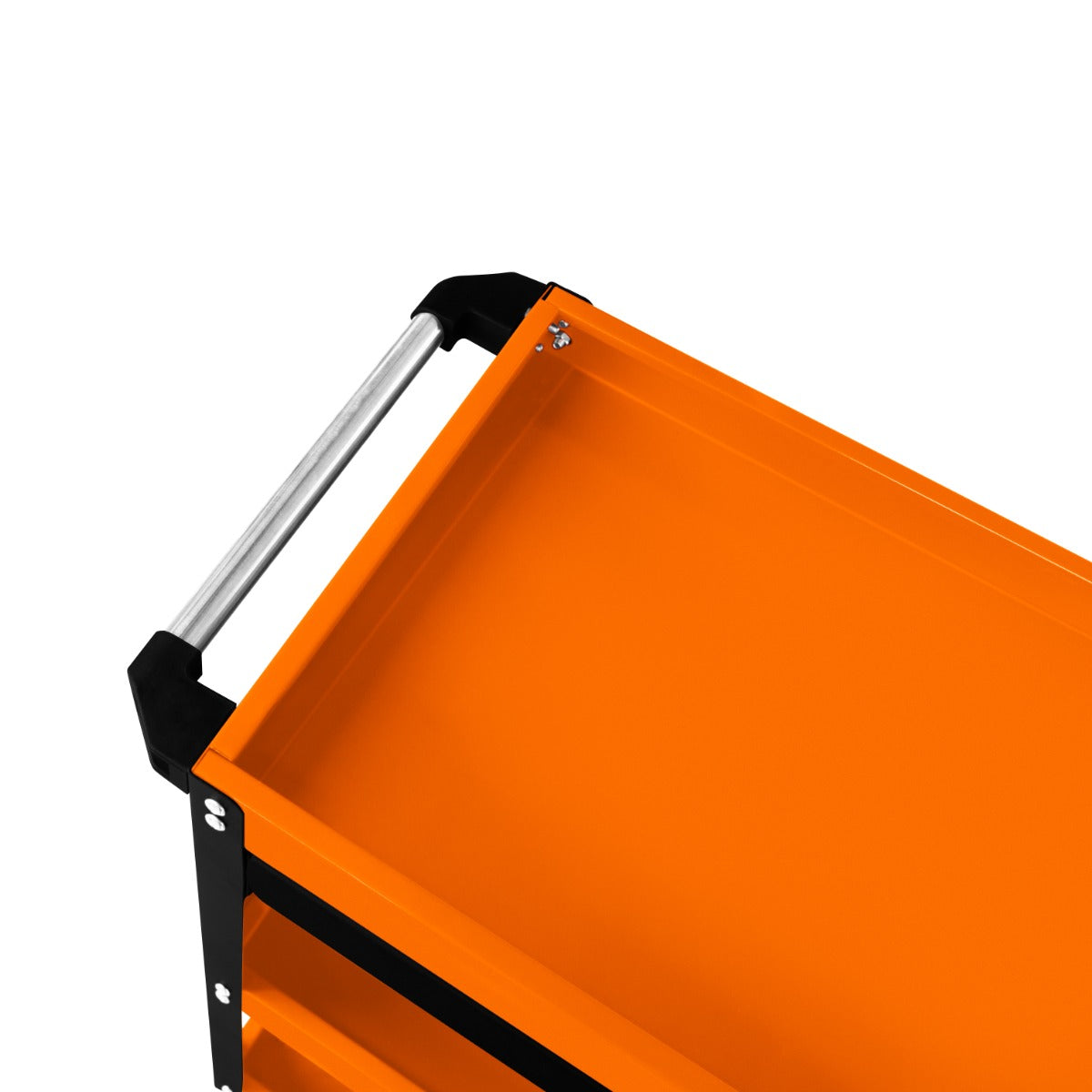 Carrello portautensili T-Mech con struttura nera e ripiani arancioni, maniglia in acciaio inox, design funzionale e robusto
