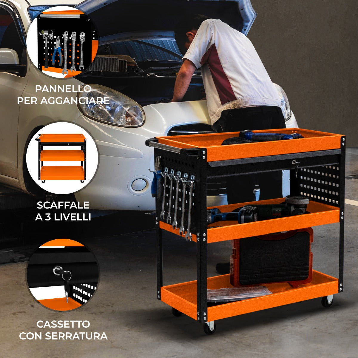 Carrello portautensili T-Mech arancione e nero, con pannello per attrezzi, scaffale a tre livelli e cassetto con serratura, ideale per officine