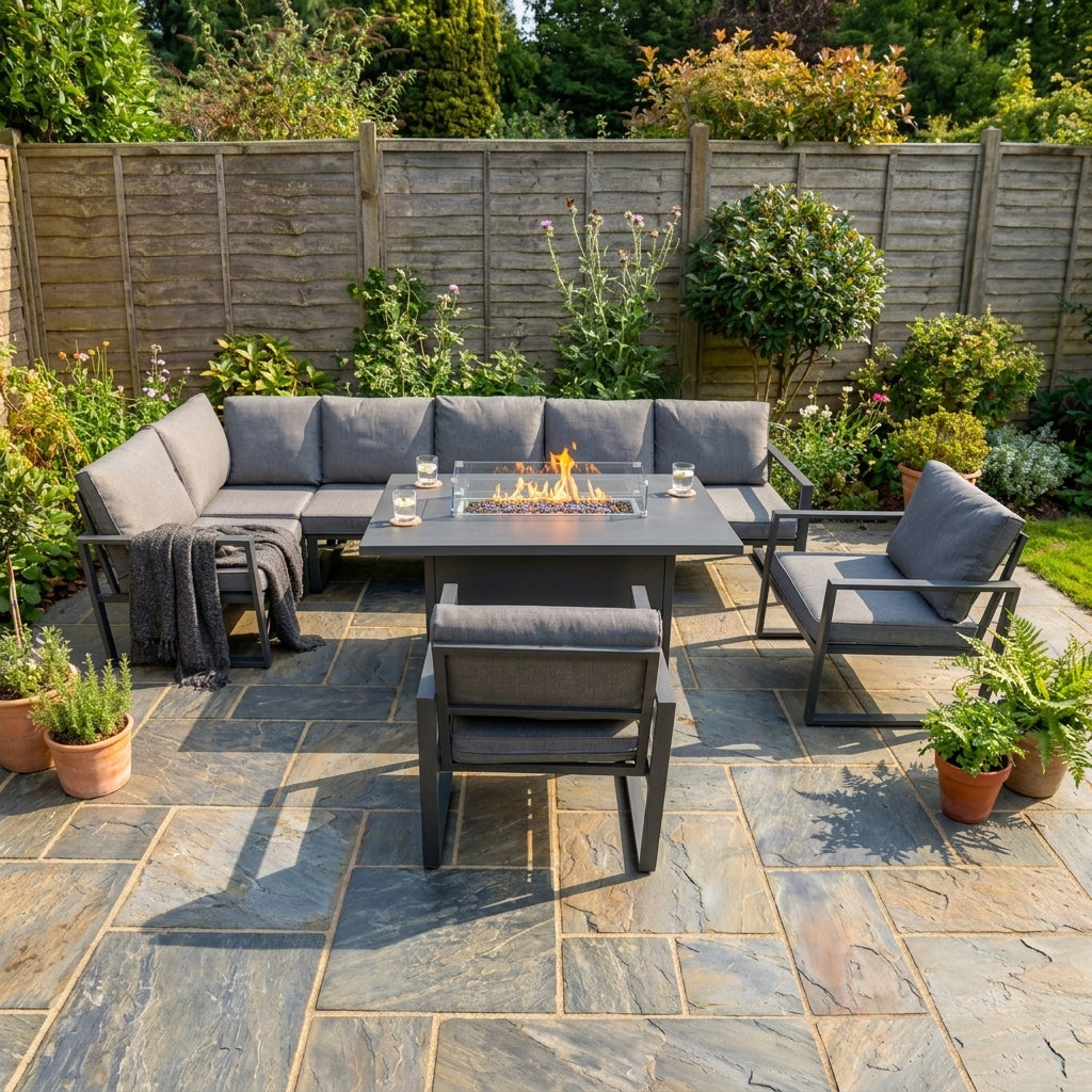 Set Mobili da Giardino in Alluminio 7 Posti con Tavolo Fire Pit Integrato