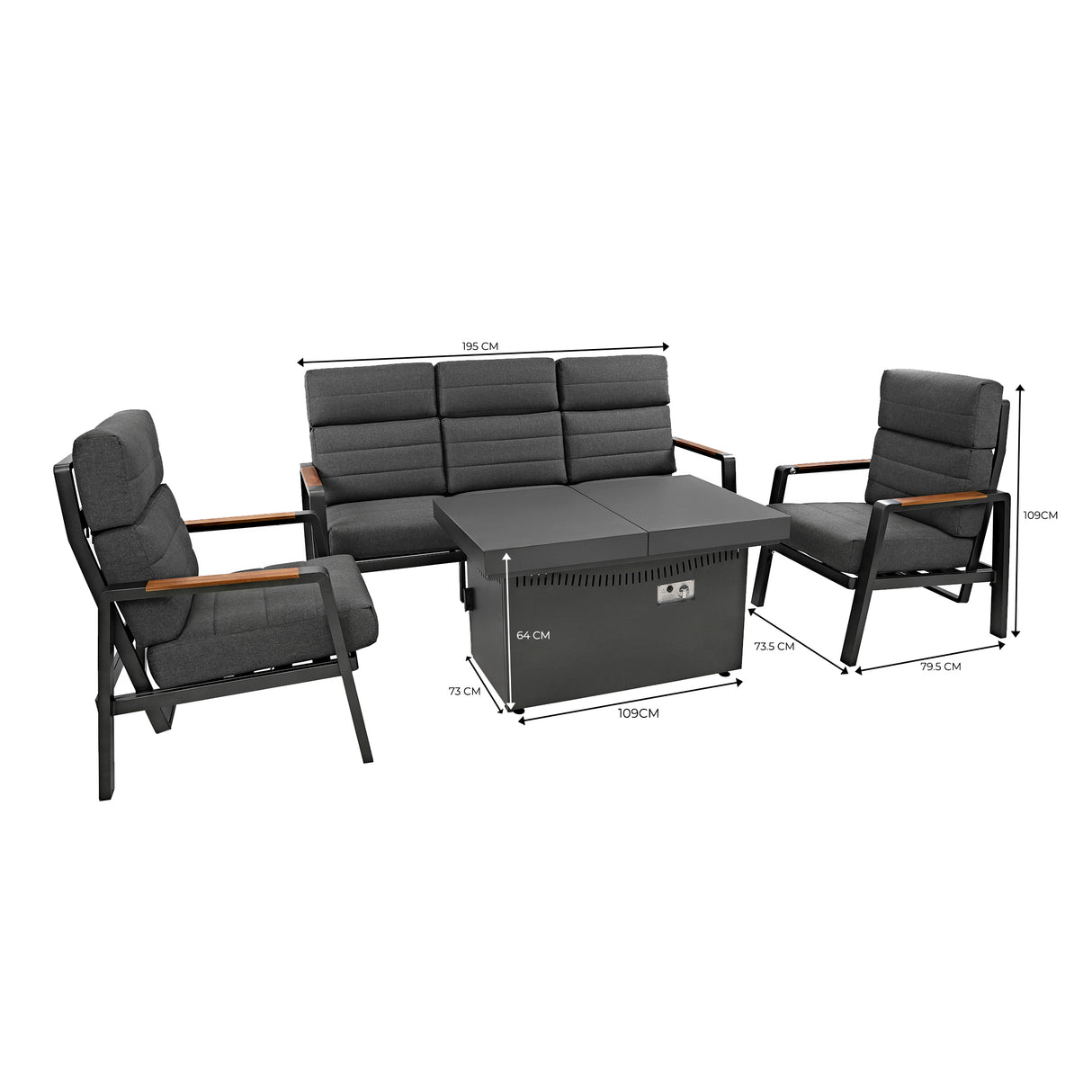 Set Giardino Alluminio 5 Posti con Tavolo Braciere e Poltrone Relax